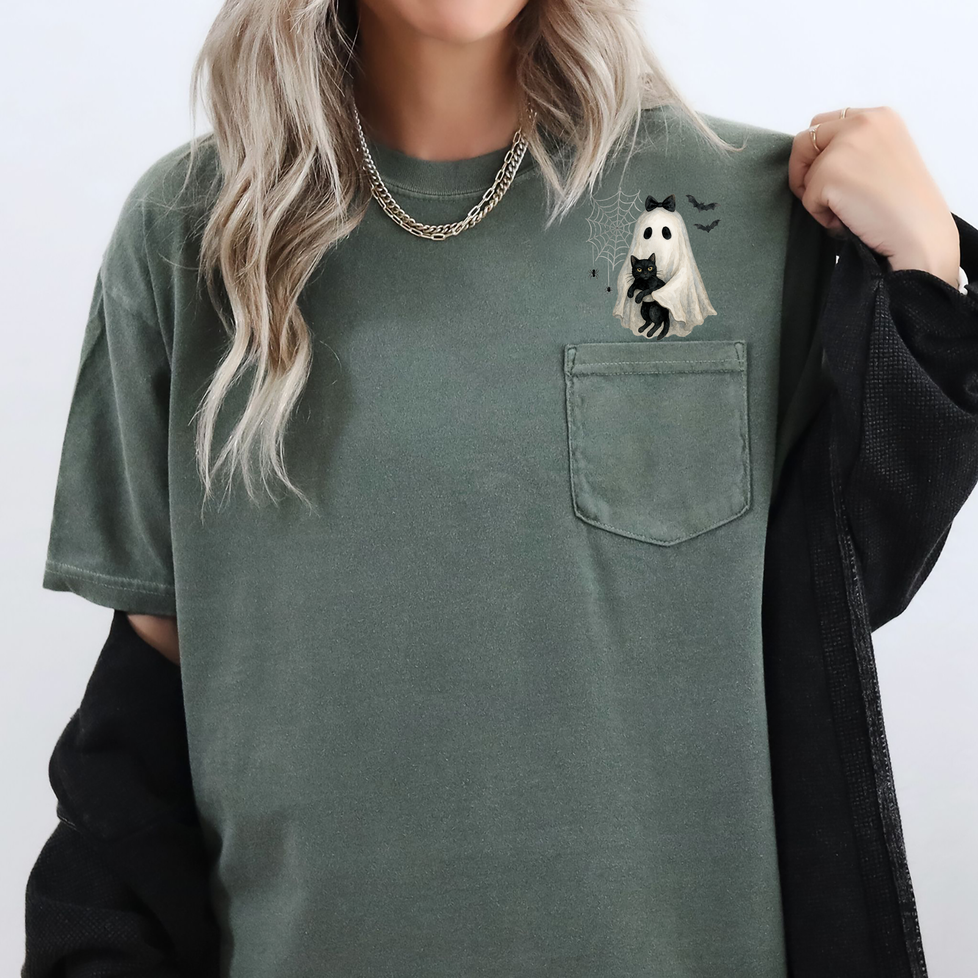 Cute Ghost Black Cat Halloween Coquette Western Frontier Charm Pocket Comfort Colors Tee